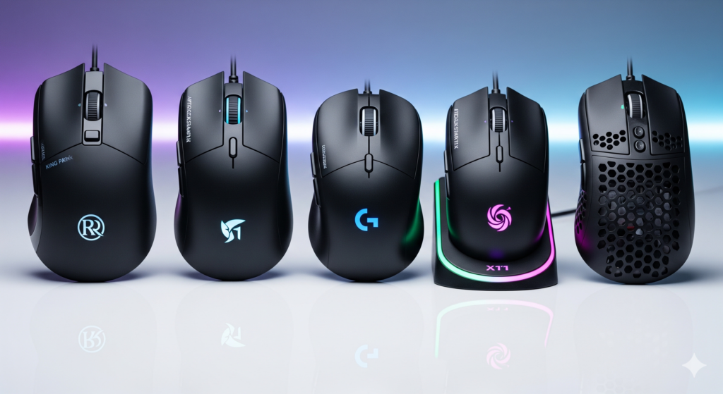 Comparativo dos melhores mouses gamers custo-benefício de 2026. Uma foto profissional mostrando cinco mouses gamers pretos alinhados: Redragon King Pro 4K, Attack Shark R1, Logitech G305, Attack Shark X11 (com base RGB) e Redragon Storm Basic (design colmeia), com fundo de setup gamer iluminado por LEDs azuis e roxos.