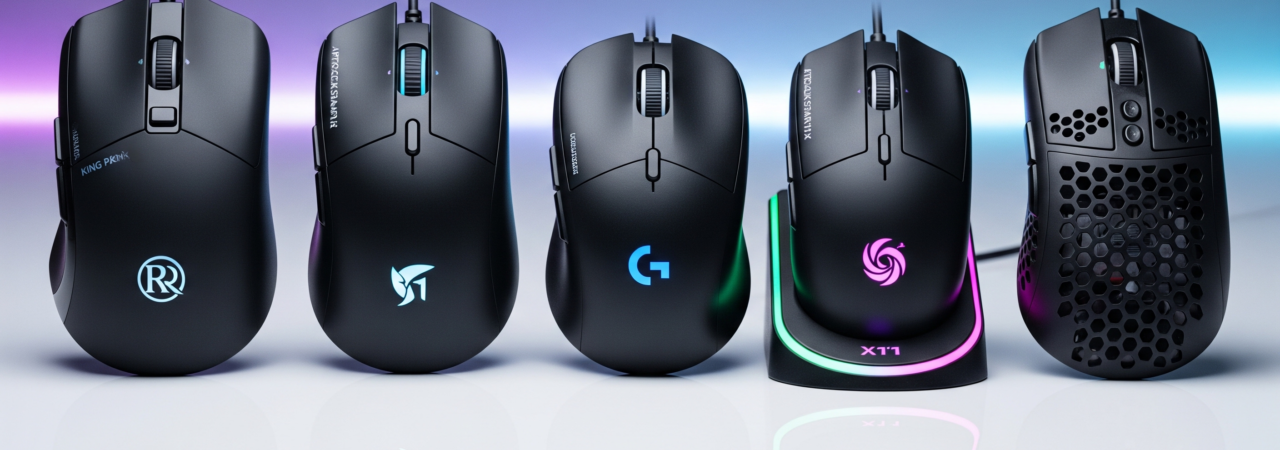 Comparativo dos melhores mouses gamers custo-benefício de 2026. Uma foto profissional mostrando cinco mouses gamers pretos alinhados: Redragon King Pro 4K, Attack Shark R1, Logitech G305, Attack Shark X11 (com base RGB) e Redragon Storm Basic (design colmeia), com fundo de setup gamer iluminado por LEDs azuis e roxos.