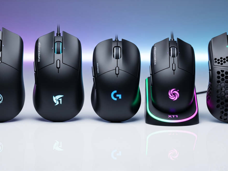 Comparativo dos melhores mouses gamers custo-benefício de 2026. Uma foto profissional mostrando cinco mouses gamers pretos alinhados: Redragon King Pro 4K, Attack Shark R1, Logitech G305, Attack Shark X11 (com base RGB) e Redragon Storm Basic (design colmeia), com fundo de setup gamer iluminado por LEDs azuis e roxos.